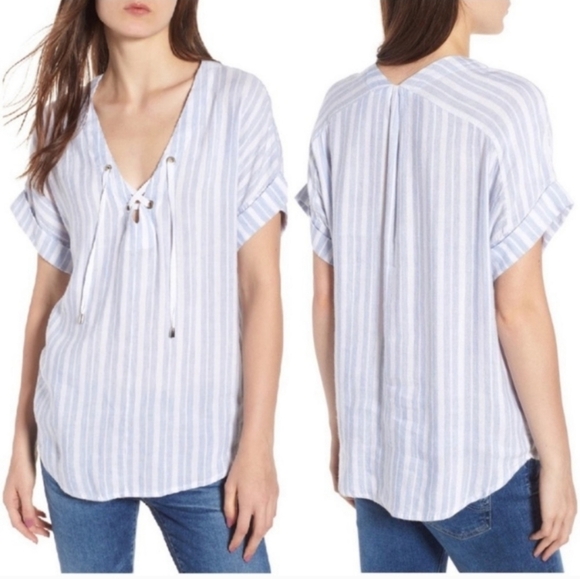 RAILS Jeri Holland Linen Stripe Blue Lace Up Coastal Nautical Top Shirt Small - Picture 1 of 7